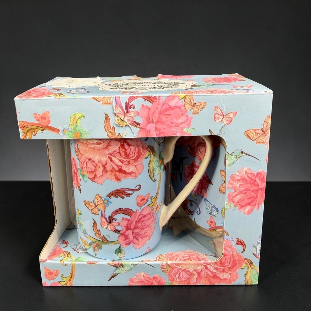 Kent Pottery Blue Floral Mug with Lid Pink Roses Hummingbird Butterfly New Box